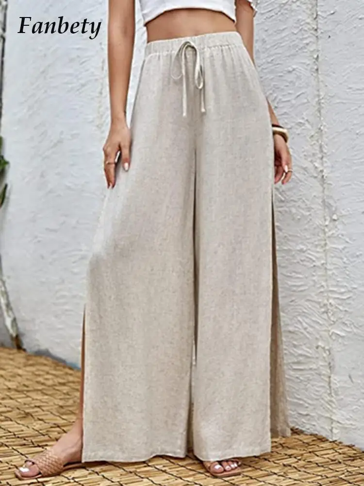 

High Waist Slit Cotton Linen Loose Long Pants Casual 2022 Summer Draped Wide Leg Pants Women Harajuku Retro Solid Color Trousers