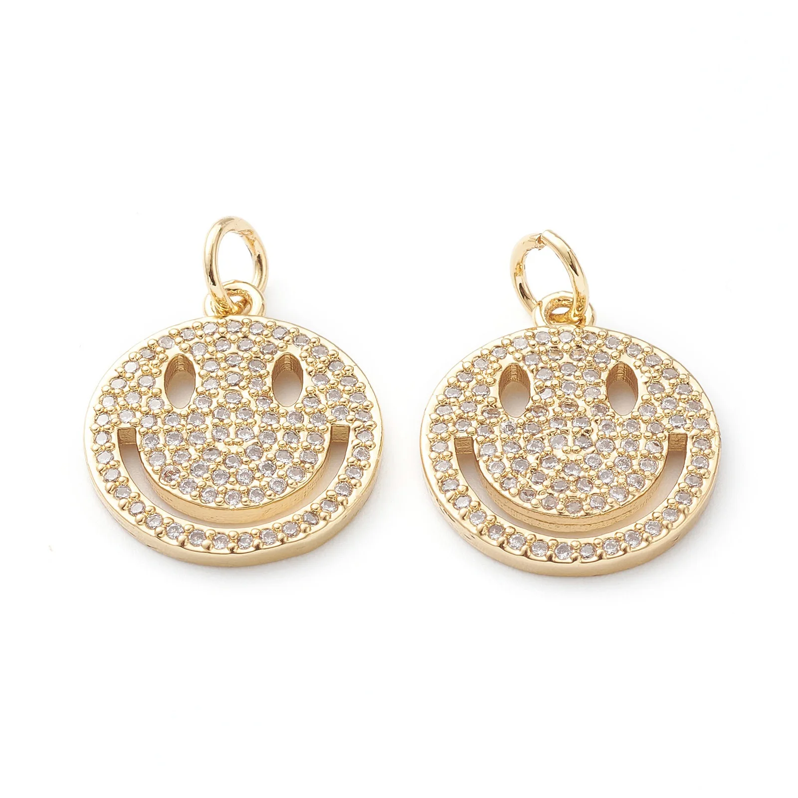 

Pandahall 10Pcs Flat Round Smile Face Brass Micro Pave Clear CZ Cubic Zirconia Pendants Charms With Jump Ring For Jewelry Making