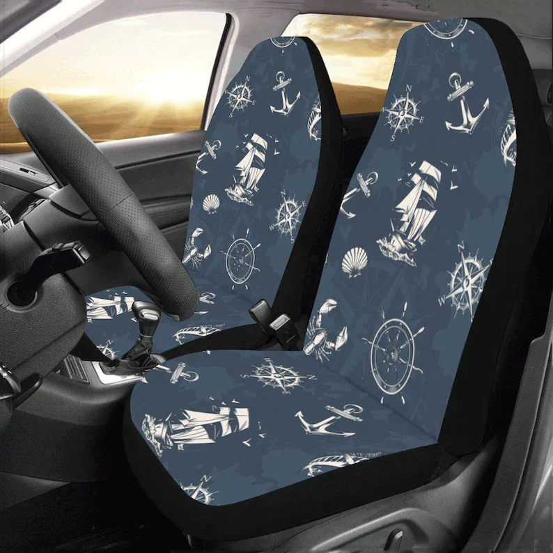 

Nautical Navy Blue Car Seat Covers 2 pc, Vintage Sea Ocean Anchor Boat Octopus Pattern Front Seat Covers, Car SUV Seat Protector
