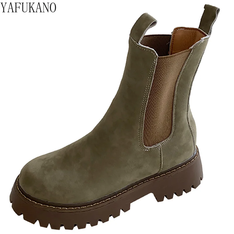 

Ботинки Челси женские на массивном каблуке, замшевые ботильоны с круглым носком и эластичным ремешком, модная обувь на платформе, зеленые