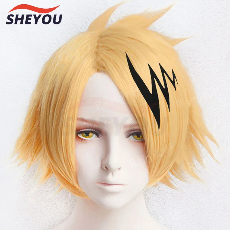 Anime My Hero Hero Academia Denki Kaminari Wigs Short Golden Heat Resistant Synthetic Cosplay Wig + Wig Cap + Black Lightening