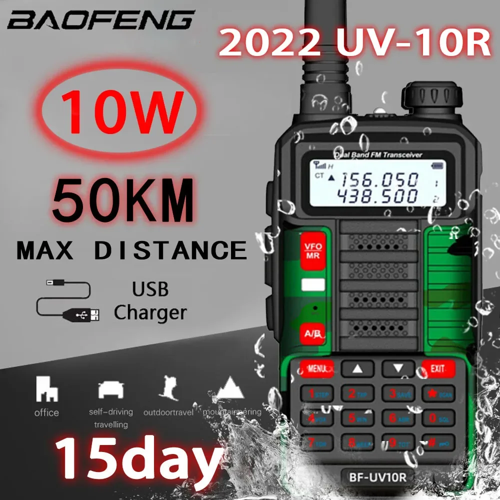 

2023 BAOFENG 10W Portable High Power Walkie-Talkie UV-10R 50km VHF UHF Dual Band Two Way CB Ham Radio Transceiver UV5R Upgraded