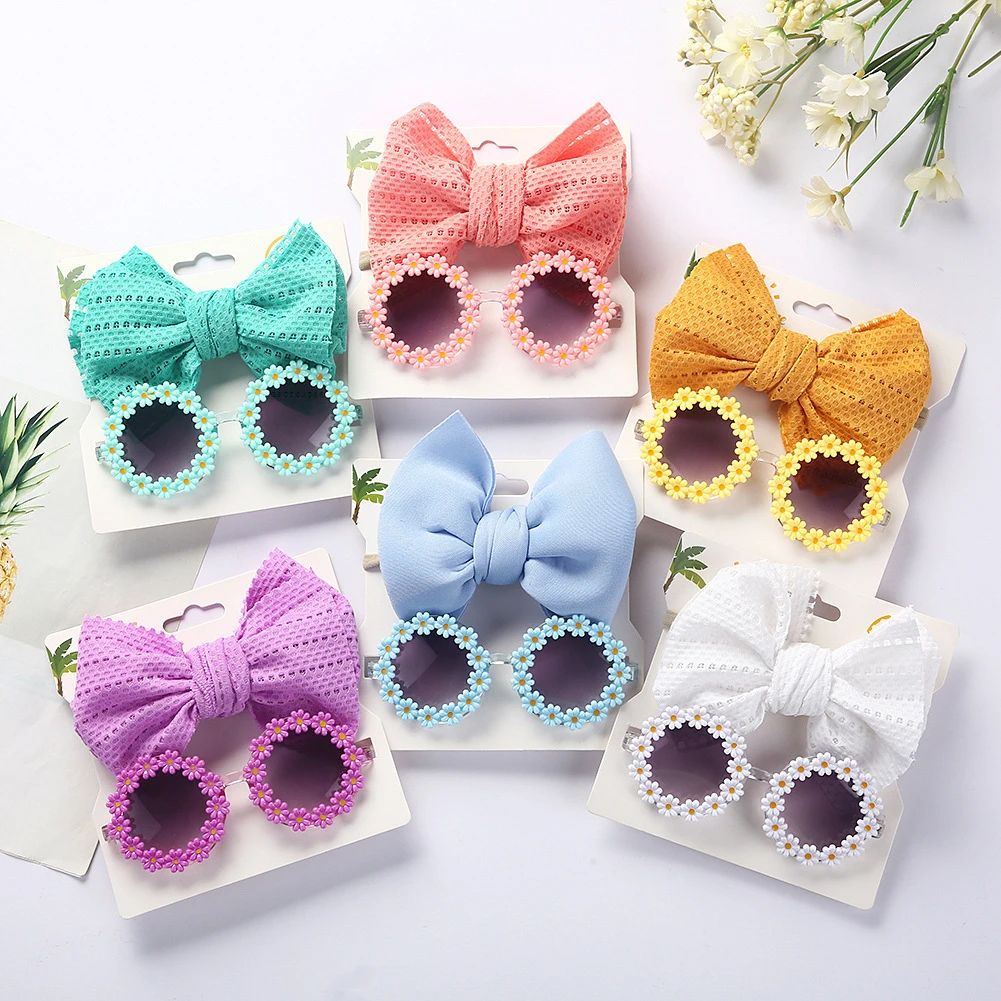 

2Pcs Kids Sunglasses Headband Set Baby Unglasses Elastic Nylon Headband Bohemia Beach Seaside Sun Glasses Kids Puff Bow Headwear