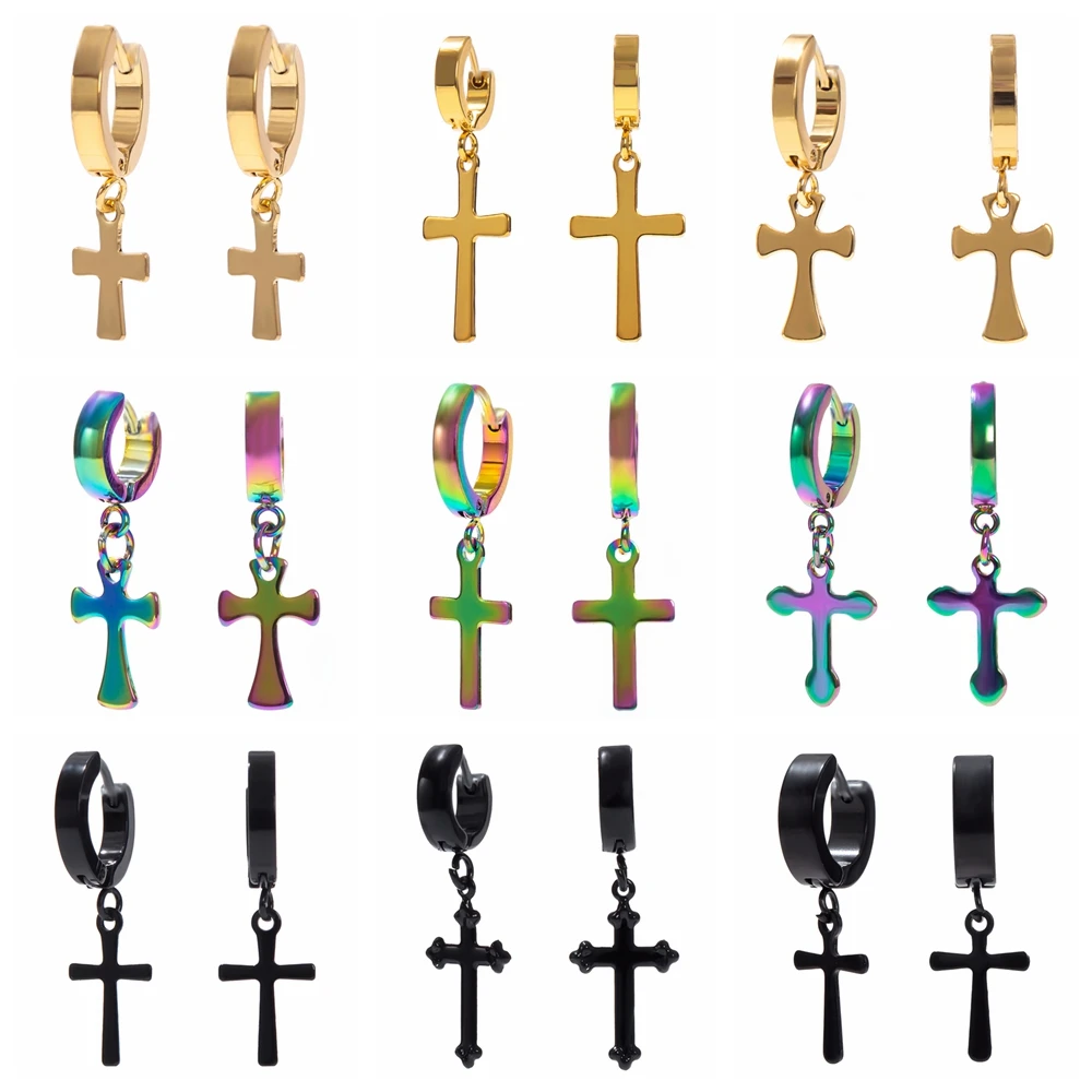 

ESSFF 37 Styles Multicolor/Colorful Cross Drop Earrings Women/Men Stainless Steel Dangle Earings Hoops Punk Cool Girls Jewelry