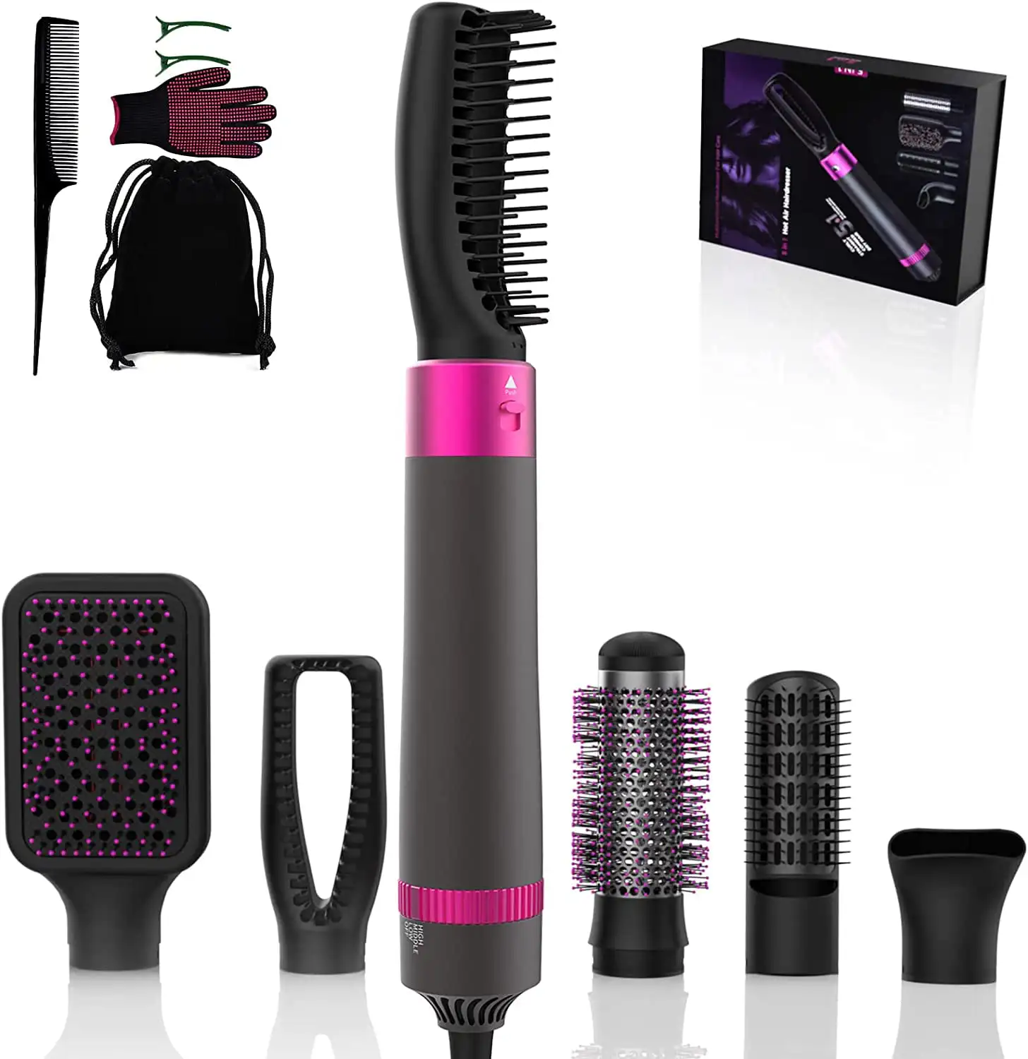 

Hair Dryer Brush, 5 in 1, Negative Ionic Blow Dryer Hot Air Brush, Detachable & Interchangeable Electric Hair Curler Straightene