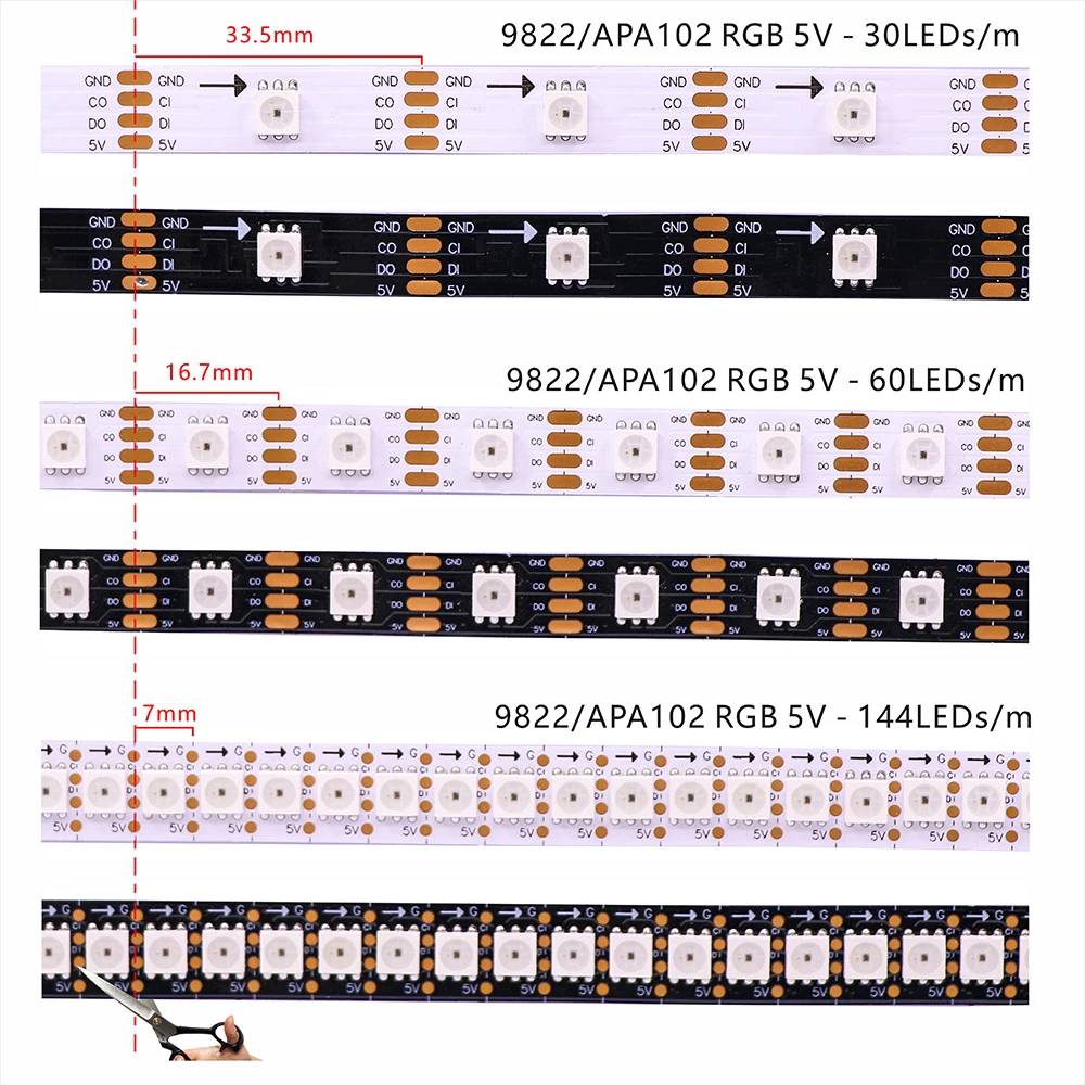Фото Светодиодная лента SK9822 RGB, аналог APA102, адресная, водонепроницаемая IP30/65/67, с отдельным модулем данных и тактового сигнала, 30/60/144 светодиодов/м, 5В №2