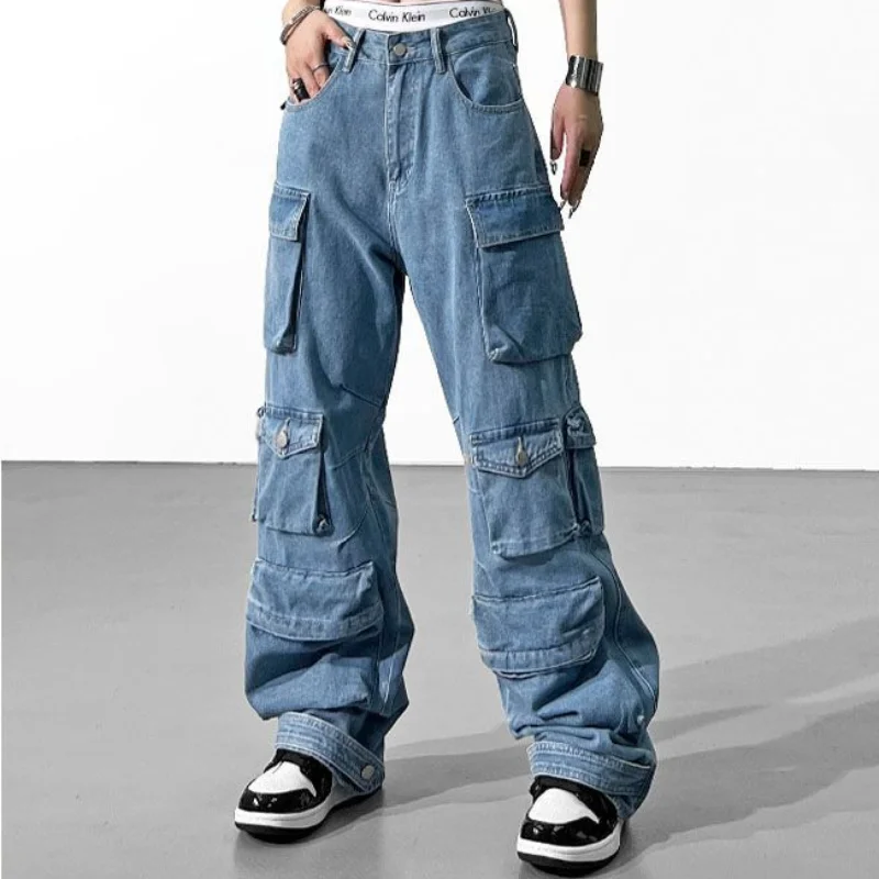 

Xinyuan Multi-Pocket Jeans Retro High Street High Waist Wide Leg Pants Kelly Same Couples Harajuku Hip Hop Casual Pants