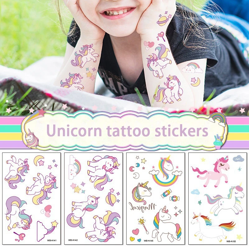 

10Sheets/lot Unicorn Children Temporary Tattoo Stickers Cute Cartoon Baby Shower Kids Body Makeup Sticker Brithday Party Tattoos