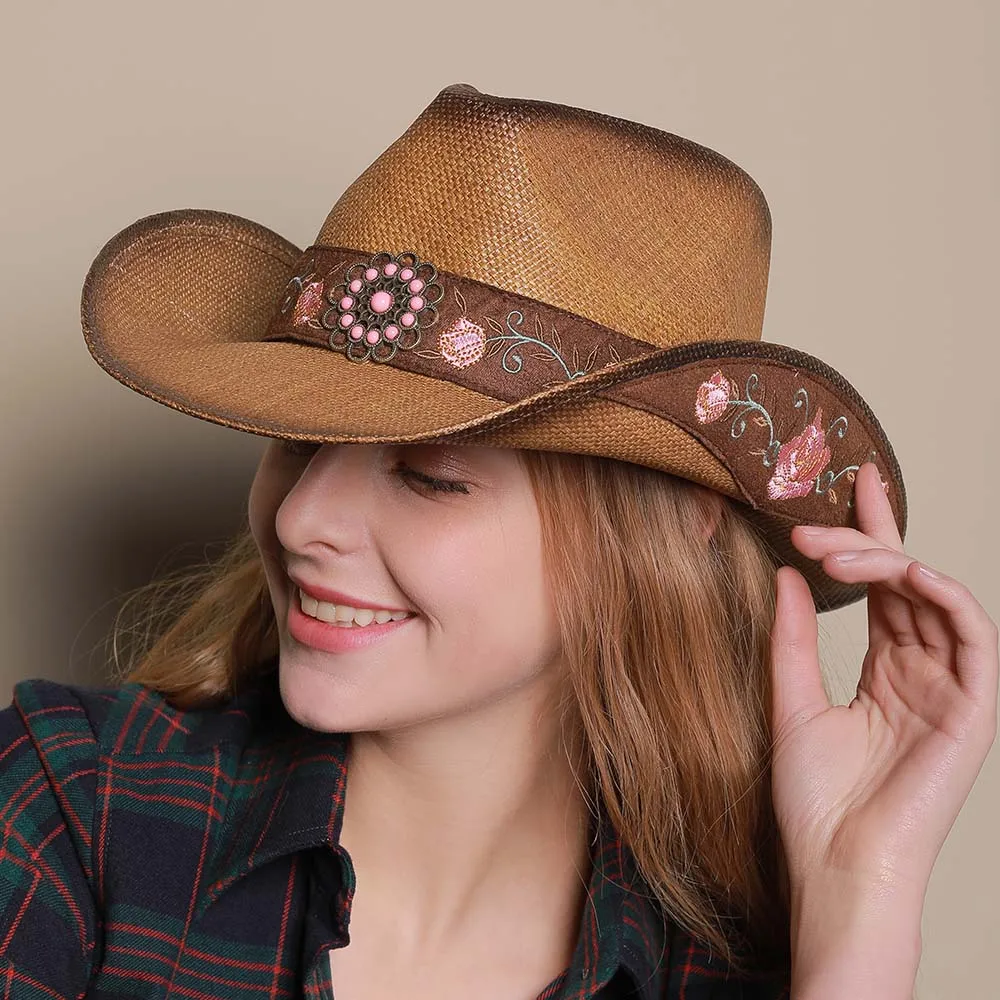 

Men Women Straw Western Cowboy Hats Wide Brim Sunhat Party Travel Outdoor Caps Classical Retro Sombrero UK Size L US 7 1/4