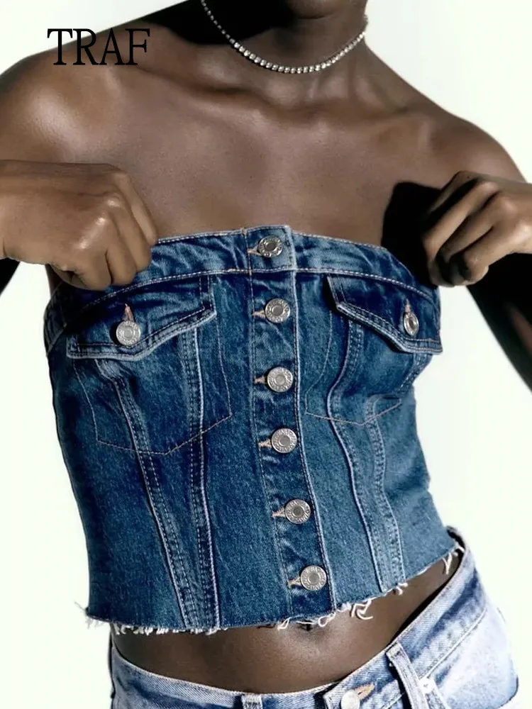 

Сексуальный укороченный топ TRAF, Женский Джинсовый корсет, топ, женская одежда Y2K, топ с открытыми плечами, женские вечерние модные летние топ...