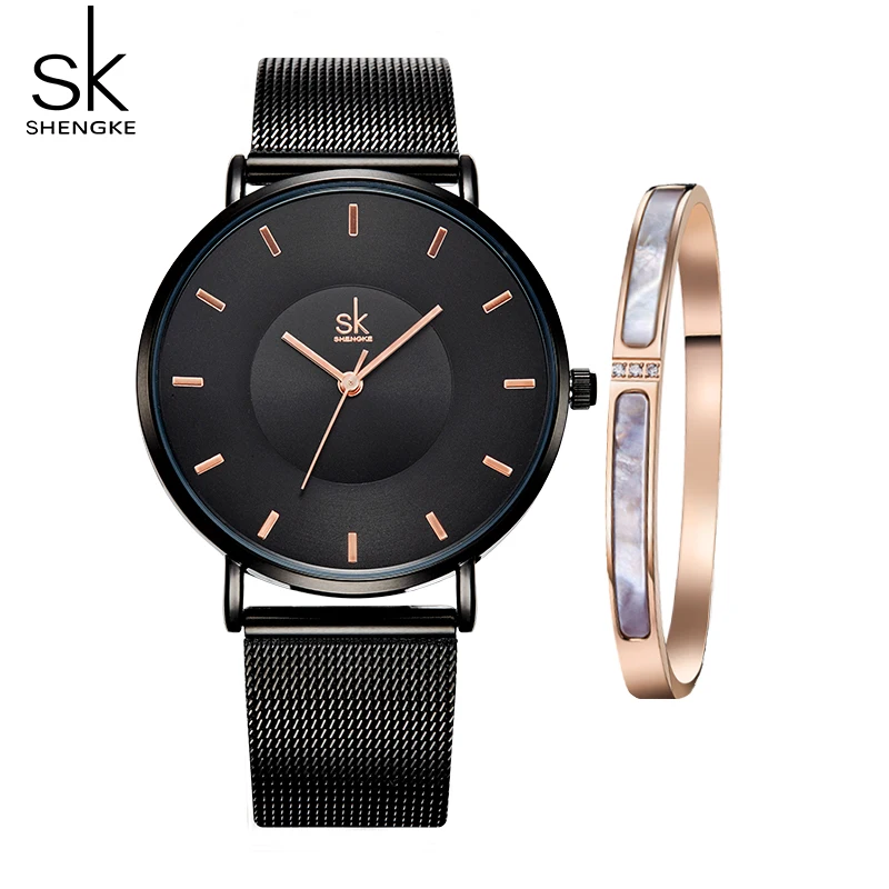 Shengke Black Women Watches Top Luxury Woman's Quartz Wristwatches Bracelet Set Series Sales New Ladies Clock Relogio Feminino