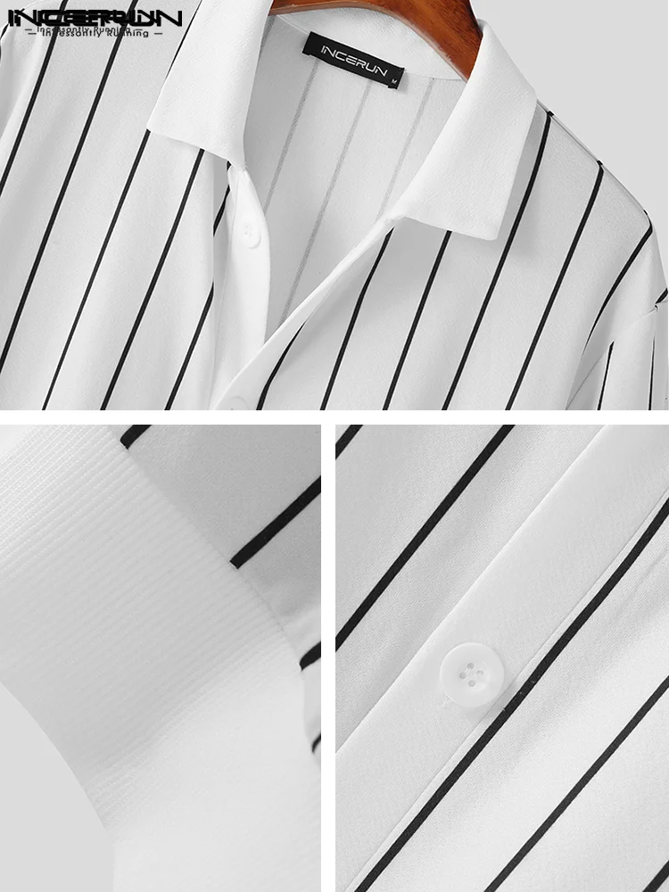 Casual Simple Style Tops INCERUN Men's Stylish Well Fitting Large Striped Blouse Fashion Long-sleeved Lapel Buttons Shirts S-5XL