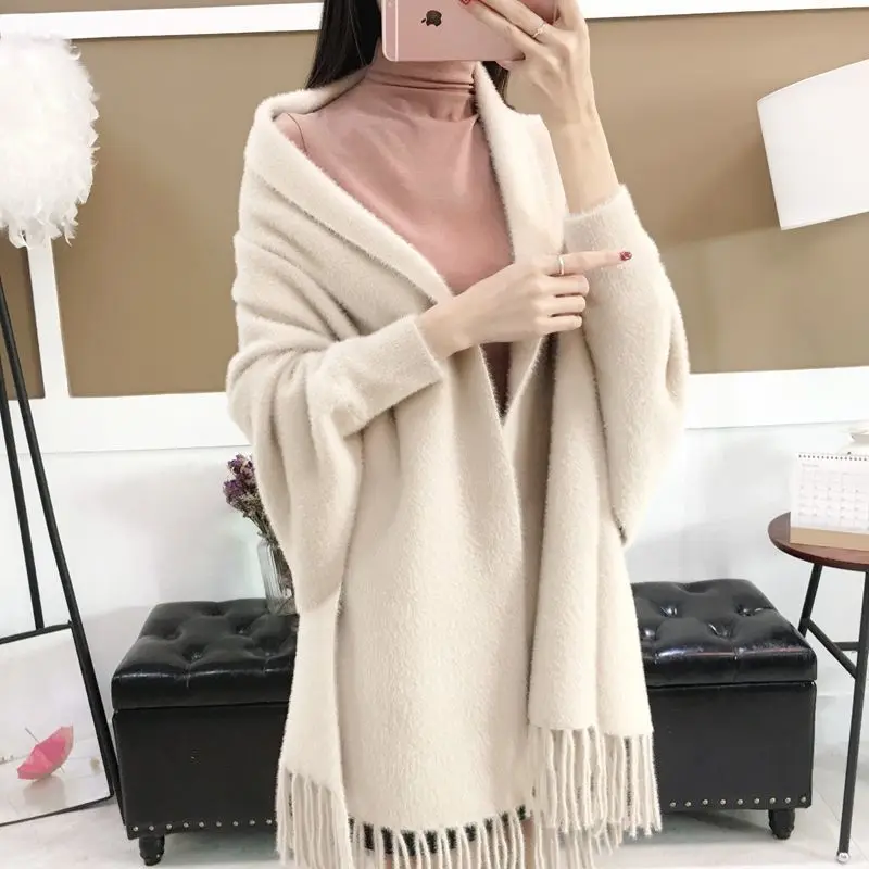 Kint sweater imitation water velvet sweater female cloak shawl autumn and winter new solid color jacket knit loose outer cloak