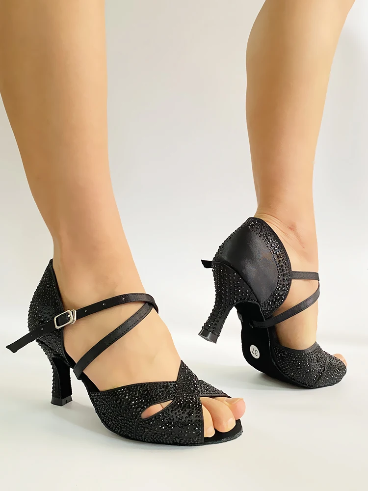 Woman Rhinestone Latin Social Dance Shoes Black Bachata Salsa Dancing Shoes for Party Girls Soft Ballroom Salsa Latino Shoes