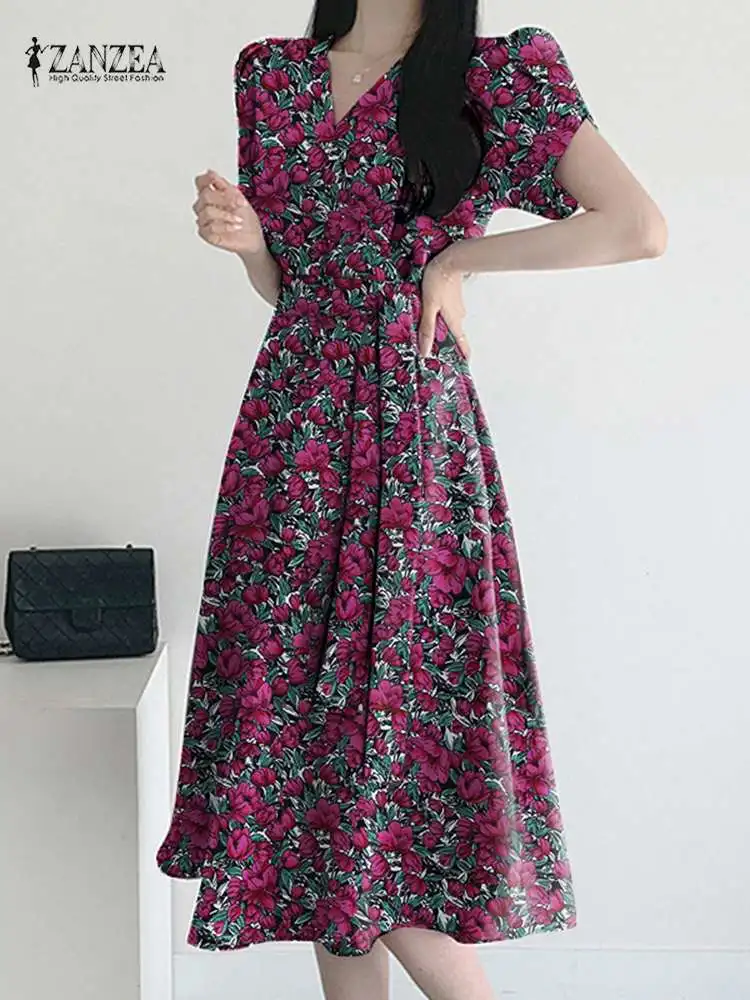 

ZANZEA Summer Fashion Floral Printed Dress Woman Short Sleeve V-Neck Dresses Elegant Party Sundress Female Casual Loose Vestidos