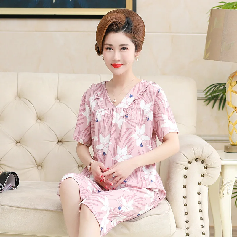 3XL Women's Summer Sleepwear Suit Cotton Soft Pajamas for Women Elegant Floral Print Pyjama pijama feminino Elastic Waist Pants