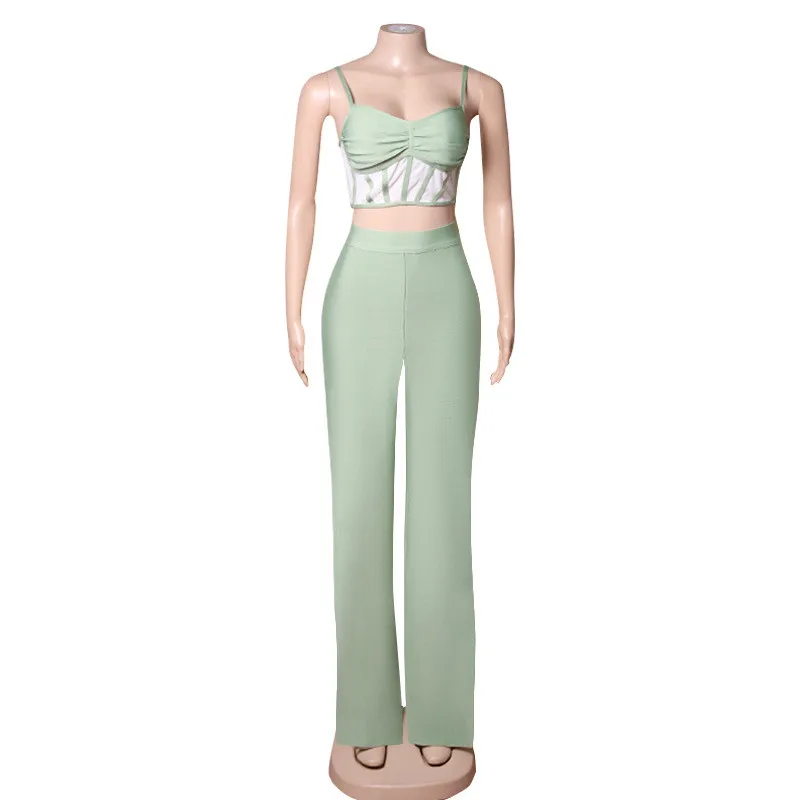 New Spliced Camis Top Green High Waist Slit Wide Leg Pants Sexy Women's Two Piece Set Bandage Knitted Matching Outfits Party enlarge