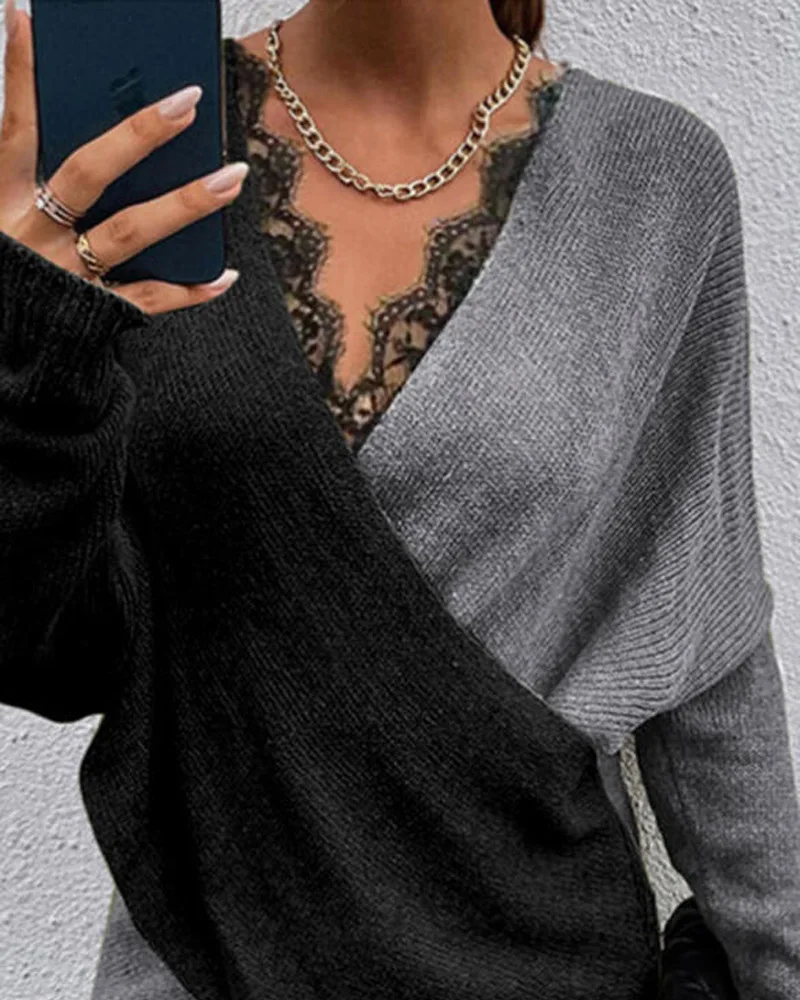 

Women Knitted Coat Commuter Color Matching Micro Collar Loose Pullover Long Sleeve Lace Grey Asymmetric Knitted Jacket