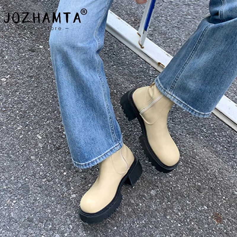 

JOZHAMTA Size 34-40 Women Ankle Boots Real Leather Winter Fashion Platform Shoes For Women Zipper Retro High Heels Elastic Boots