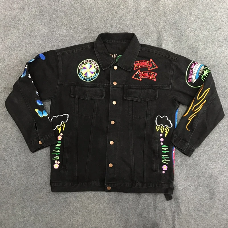 

High Quality 22ss NEW Travis Scott Astroworld Badge Denim Jacket Men woman1:1 Washed Heavy Embroidered Denim Jacket