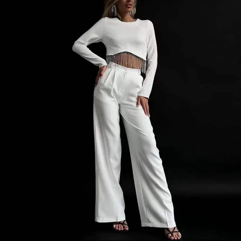 

Women Spring Elegant Party Set O Neck Long Sleeve Waistless Tee + High Waist Wide Leg Pants Two Piece Fashion Fringe Skinny Set