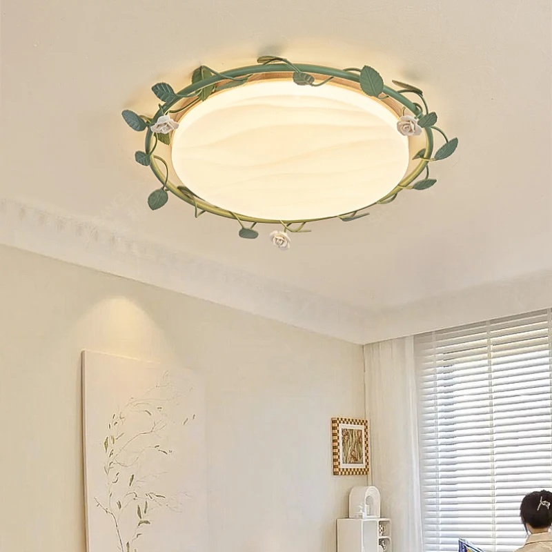 

Green Retro Rose Wreath Ceiling Lights LED Simple Romantic Flower Lamp Girl Bedroom Princess Room Decor Flowers Ceiling Lamps