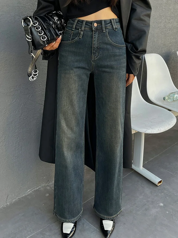 

Винтажные флокированные джинсовые свободные широкие брюки с высокой талией, новинка зимы 2023, модная женская одежда в Корейском стиле