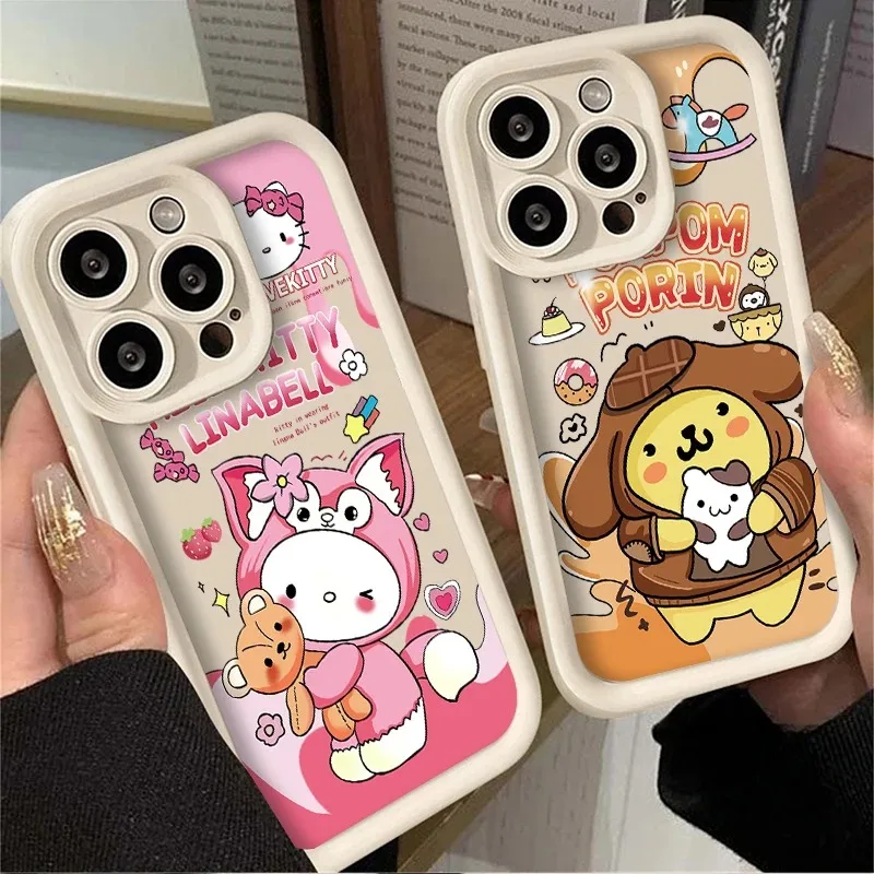 Чехол Saniro Pom Purin HelloKitty для iPhone 14 15 Pro Max 13 12 11 X XS XR 7 8 Plus SE 2020 противоударный