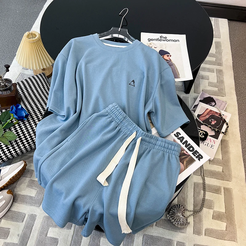 

Fashion Casual Sports 2 Piece Set Women'S 2022 Summer New Loose Short Sleeve O Neck T-shirt With Lace Up Wide Leg Shorts Suit
