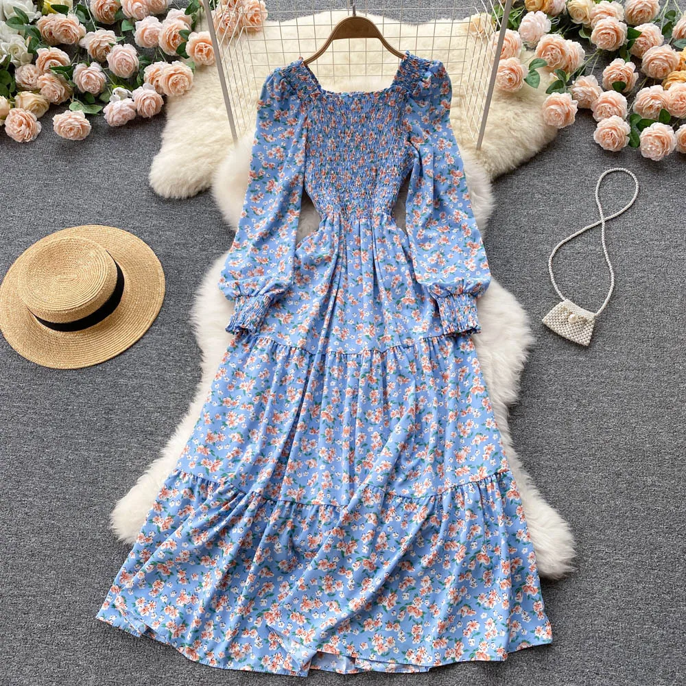 

Sweet gentle wind French floral dress female waist cover belly age reduction temperament square collar long skirt