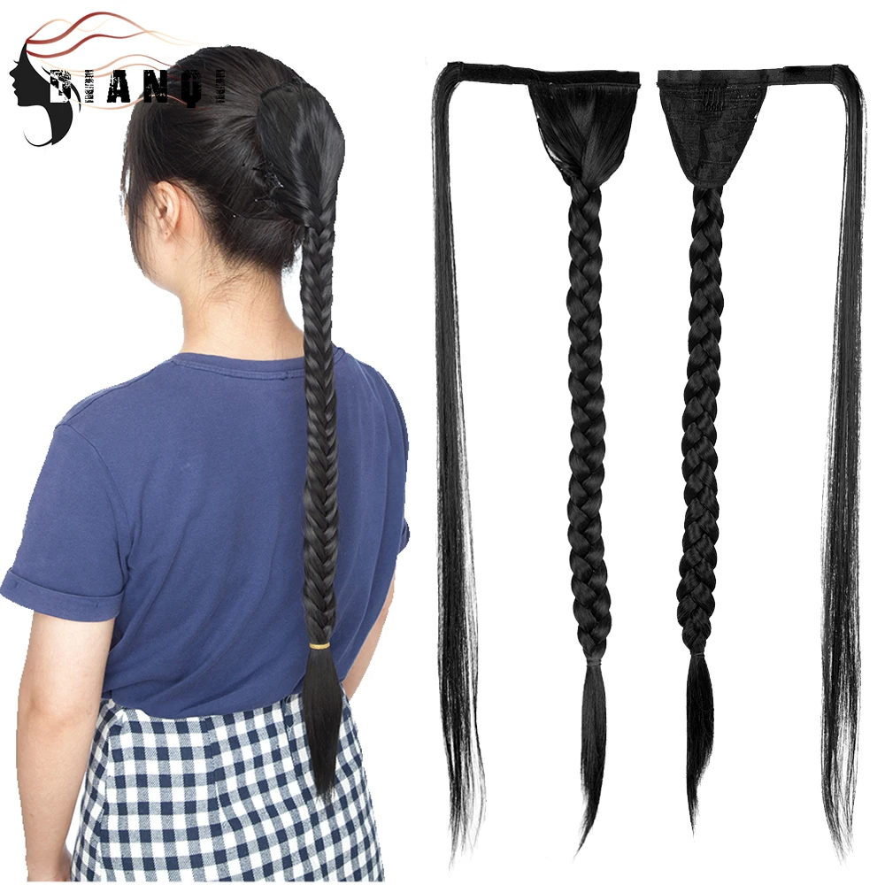 DIAN QI 30''Synthetic Hair Braided Plaited Fishtail Fishbone Drawstring Ponytail Clip In Hair Extension Black Brown Wig Ponytail