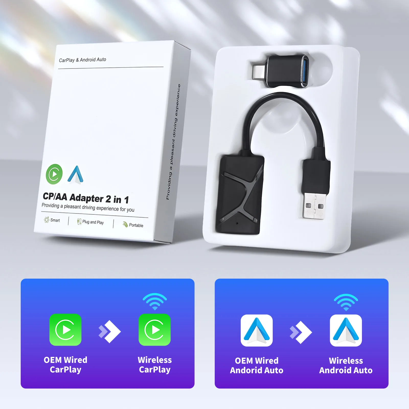 

X-YUNS 2025 2в1 Проводной к беспроводному адаптеру Carplay и Android Автоматический адаптер Smart Dongle AI Box Совместим с 99% автомобилями Plug and Play