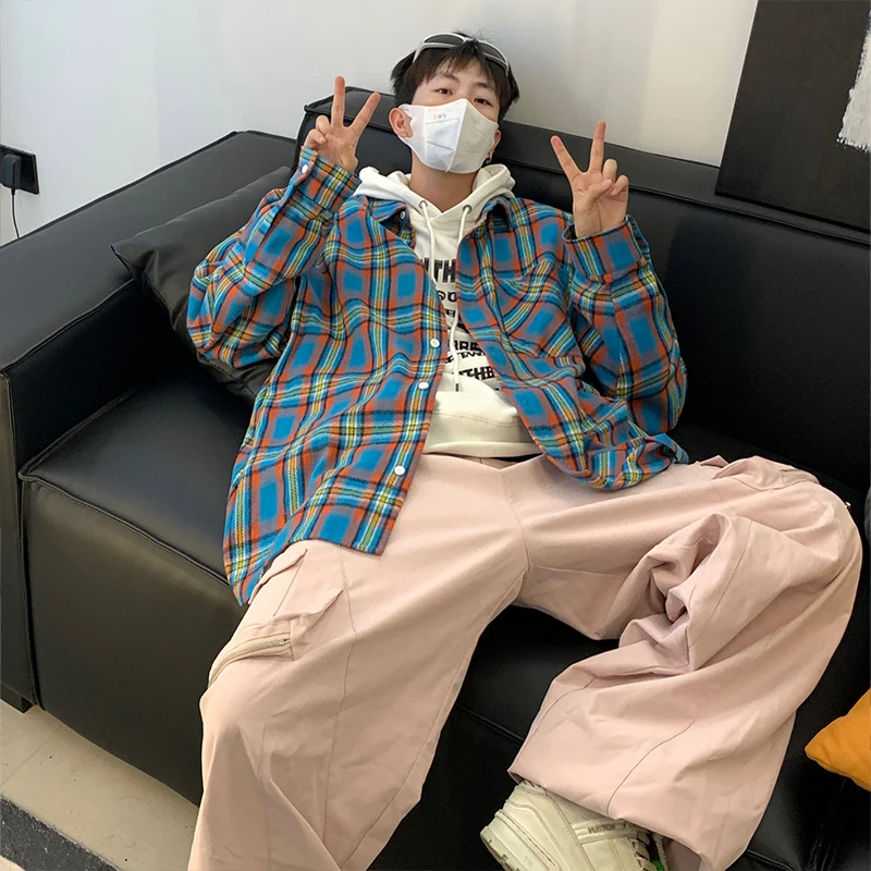 

Privathinker новые мужские рубашки в клетку Свободные корейские шикарные однобортные блузки осенние пальто с длинными рукавами Harajuku Повседневная синяя рубашка