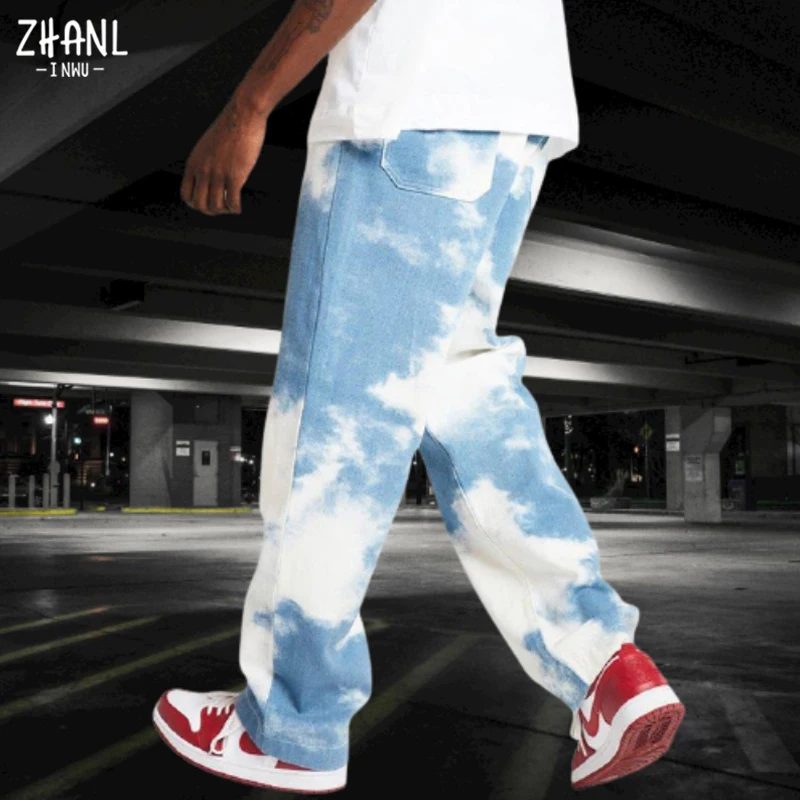 European And American Men's Loose Jeans Blue And White Moire Fashion Breathable Straight Pants Hip Hop Casual Sportswear Trouser