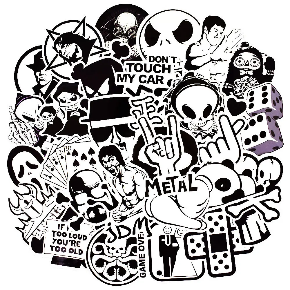 

10/30/50PCS Black and White Stickers for Kids Laptop Skateboard Bicycle Motorcycle Cool Punk JDM Car Styles Sticker Bomb Decals