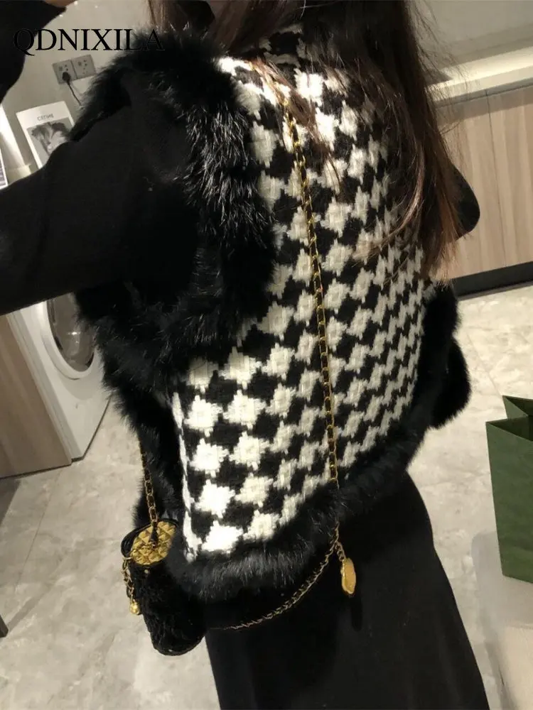 Women's Vest Jackets Faux Fur Coat Thousand Bird Checkered Fur Collar Vest Velvet Fur Waistcoat Sleeveless Vests for Women
