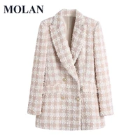 molan plaid women casual blazer woolen high street 2022 new double breasted vintage fashion top jacket female spring jacket