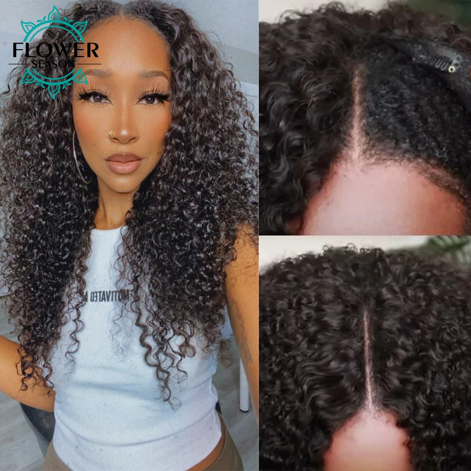 Curly V Part Wig Human Hair No Leave Out Middle Part 180% Glueless U Part Wigs Brazilian Curly Human Hair Wig For Black Women