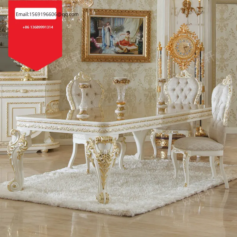 

Custom-made solid wood carved dining table and chair combination European white painted dining table leather dining chair
