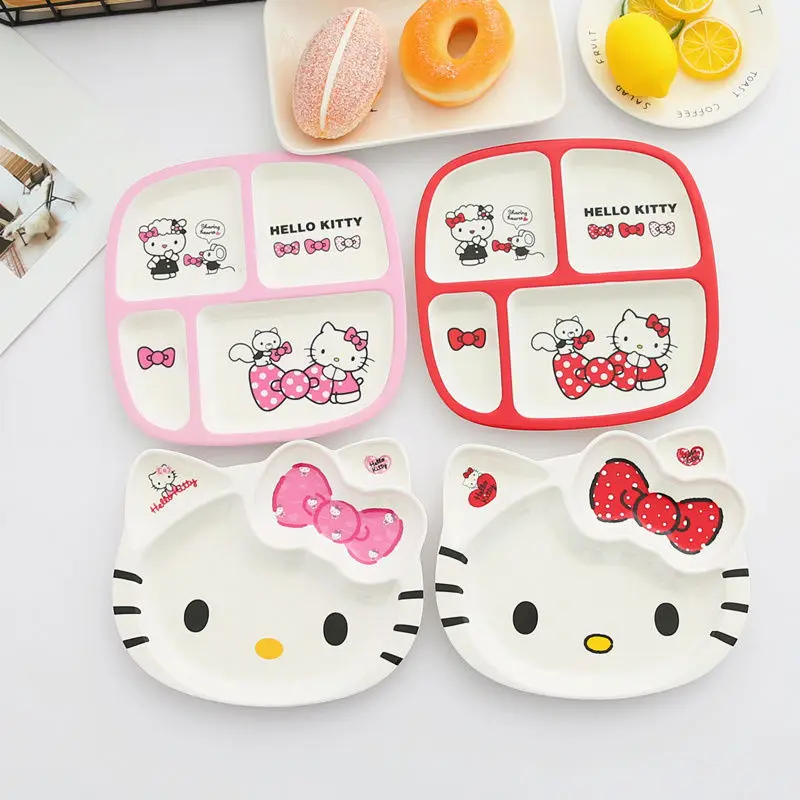 

Детские столовые приборы Hello Kitty с мультипликационным рисунком, милая обеденная тарелка с четырьмя ячейками и сердечками для девочек, домашний нетоксичный поднос для быстрого питания для малышей