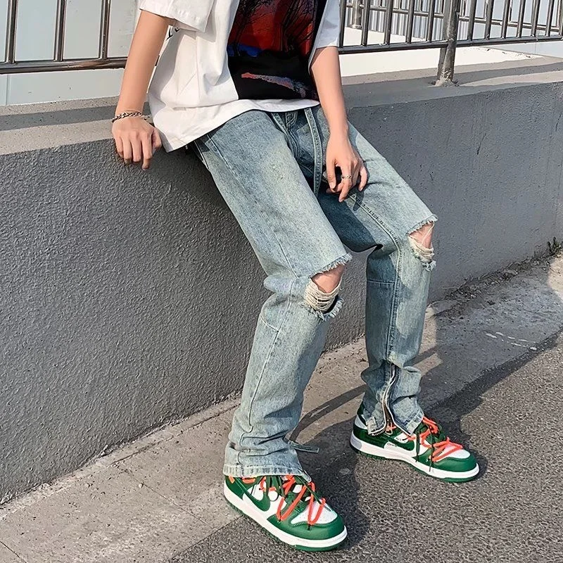 Summer Ripped Blue Jeans Men's Slim Fashion Casual Straight Jeans Men Streetwear Hip Hop Hole Denim Pants Mens Trousers M-3XL