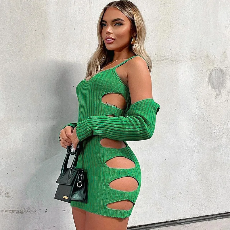 

New Hollow Out Long Sleeve Knitting Strapless Green White Spaghetti Strap Elegant Bodycon Dress
