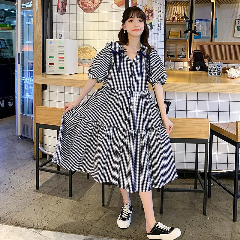 

Summer New Plaid Printing Mid Length Dress Short Sleeve V Neck Loose Pleated Vintage Dress Casual Fashion Women Clothing