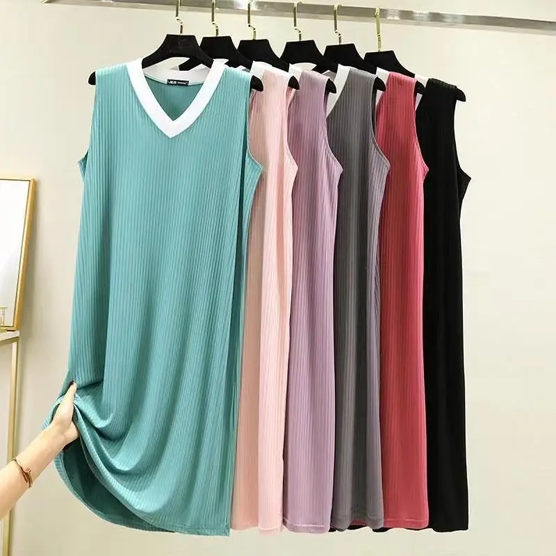 

Fdfklak Sleeveless V Neck Pajamas Dress Women Summer Thin Modal Thin Bottoming Nightdress Mid-Length Casual Splicing Sleepwear