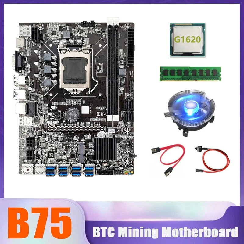 

B75 BTC Miner Motherboard 8XUSB+G1620 CPU+DDR3 8G 1600Mhz RAM+CPU Cooling Fan+SATA Cable+Switch Cable USB Motherboard