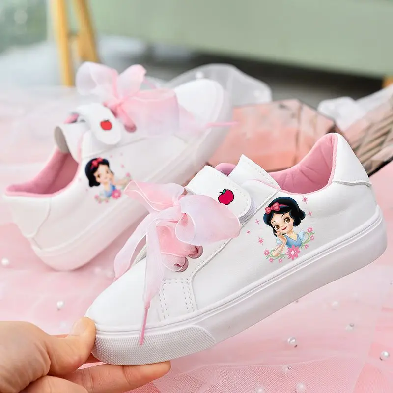 Disney Girls' Casual Shoes Children's Sports Shoes Soft Soled Casual Snow White Shoes Flats PU Leather White Sneakers Size 23-36