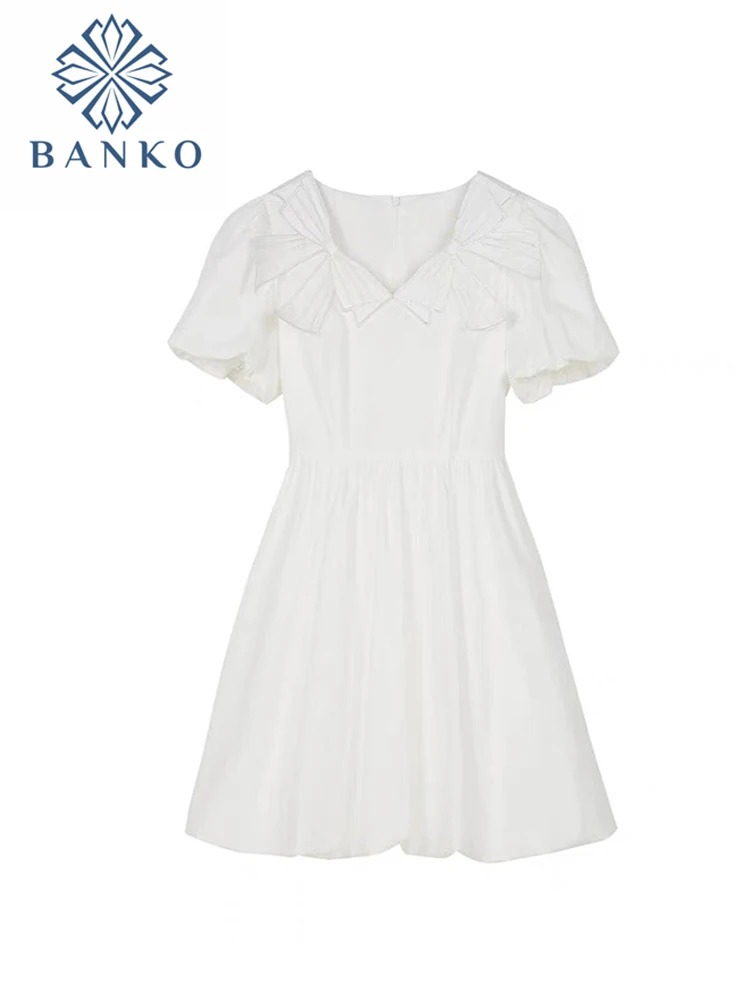 

French Vintage Dress Women Fashion Sweet Puffer Sleeve Elegant Vestidos Korean 2022 Summer Bow Embroidery Slim Mini Dresses Y2k