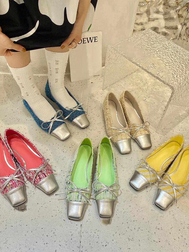 

Square Toe Women Flats Shallow Slip On Bow Design Blue Beige Pink Green Yellow Loafers Dance Shoes Soft Sole Daliy Shoes Woman