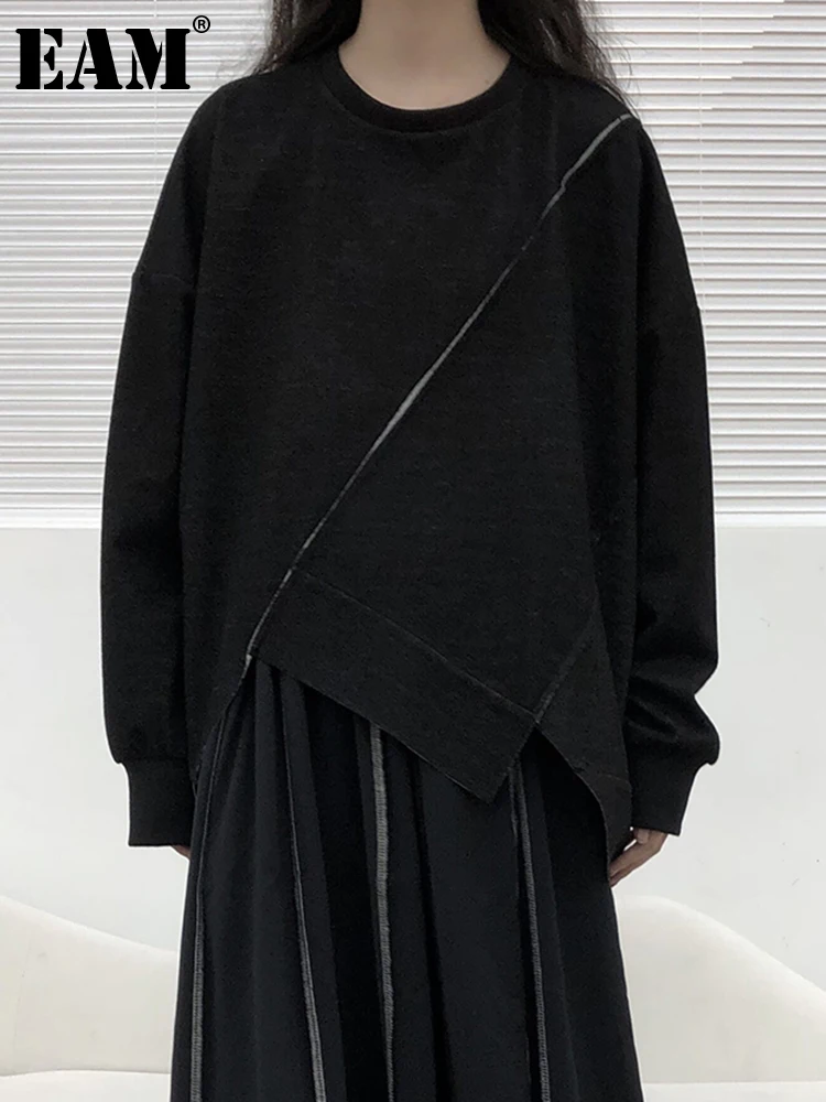 

[EAM] Loose Fit Black Asymmetric Sweatshirt New Round Neck Long Sleeve Women Big Size Fashion Tide Spring Autumn 2023 1DF5515