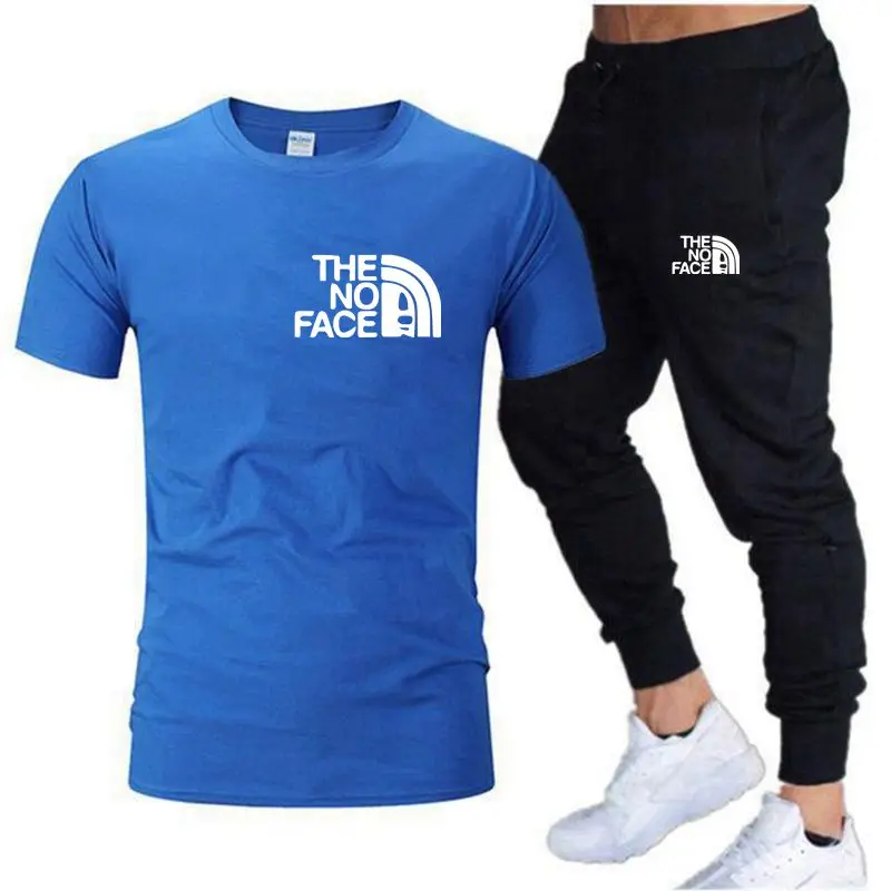 THENO 2023 new men's cotton hot brand summer T-shirt+trousers men's fitness jogging two-piece men's casual sports suit